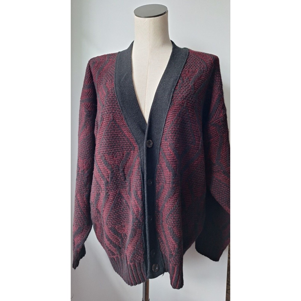 Men's Burgundy & Black Patterned Cardigan Sweater